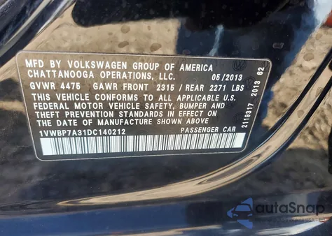 2013 Volkswagen Passat Se z USA, uszkodzony, nr VIN 1VWBP7A31DC140212